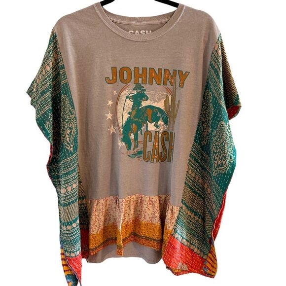 Custom Johny Cash Upcycled Kantha Graphic Tee / Boho Tunic Top - Picture 1 of 6